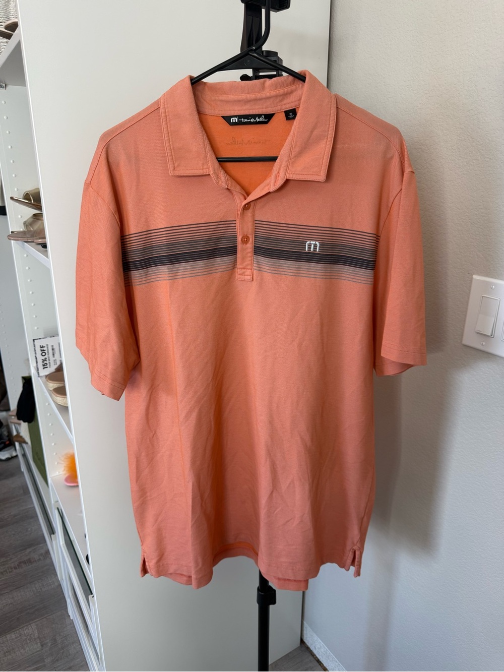 Travis Mathew Coral Polo with Gray Stripe Detail - Picture 1 of 3